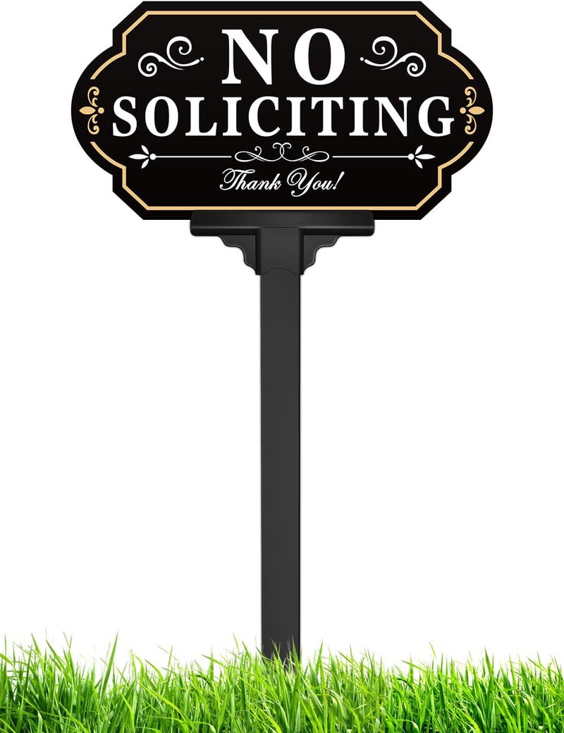multiwins No Soliciting Sign for House with Stake - Adjustable Height - 12.6 x 6.6 Inch/36 Inch High - 50-mil Thick Aluminum -Metal No Soliciting Yard Sign for Home/Front Door and Business (White-02) - Image 1
